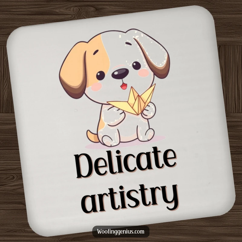 Funny origami dog coaster: a proud dog presents a small, folded paper crane, protecting surfaces with artistic elegance.