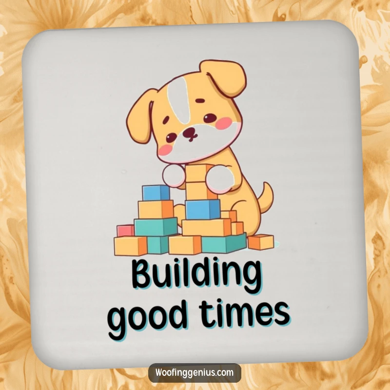 Funny Coaster: Dog meticulously building a towering block structure, protecting surfaces with humor and design.