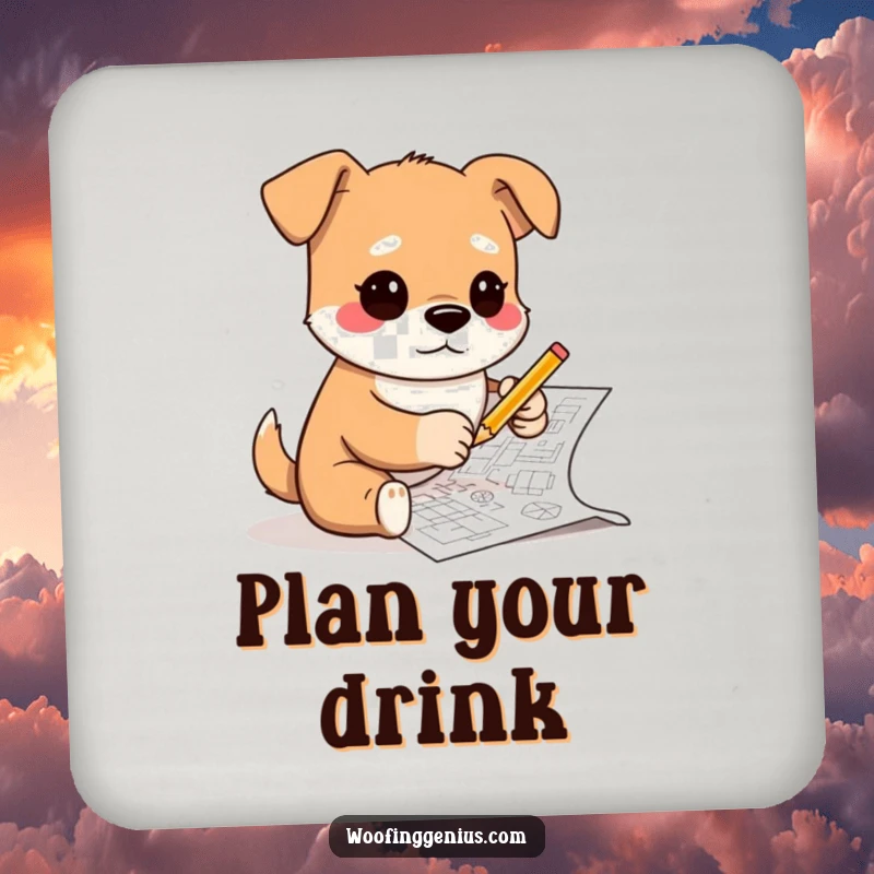 Funny drink coaster featuring a dog wearing glasses and sketching complex blueprints with a tiny pencil, symbolizing artistic talent and design.