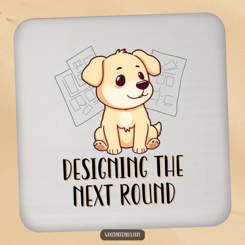 Funny drink coaster with a dog looking thoughtfully at blueprints, symbolizing deep contemplation and design.