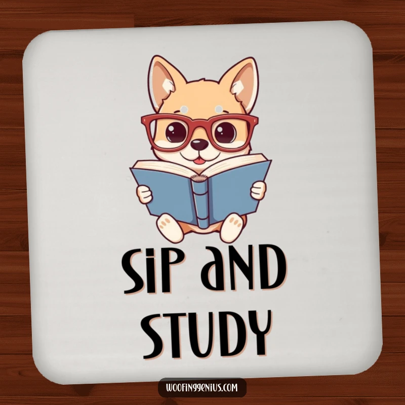 Funny drink coaster featuring an intelligent dog wearing oversized glasses, engrossed in reading a book, for stylish surface protection.
