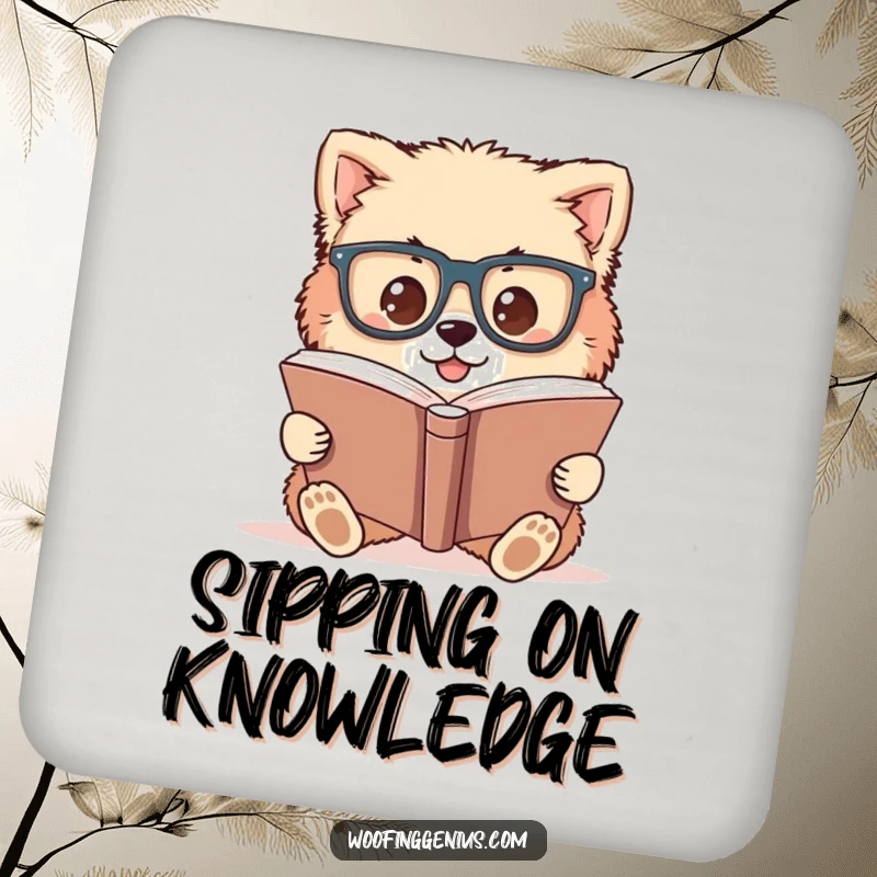 Funny drink coaster featuring a fluffy dog wearing oversized glasses, intently studying a large book.