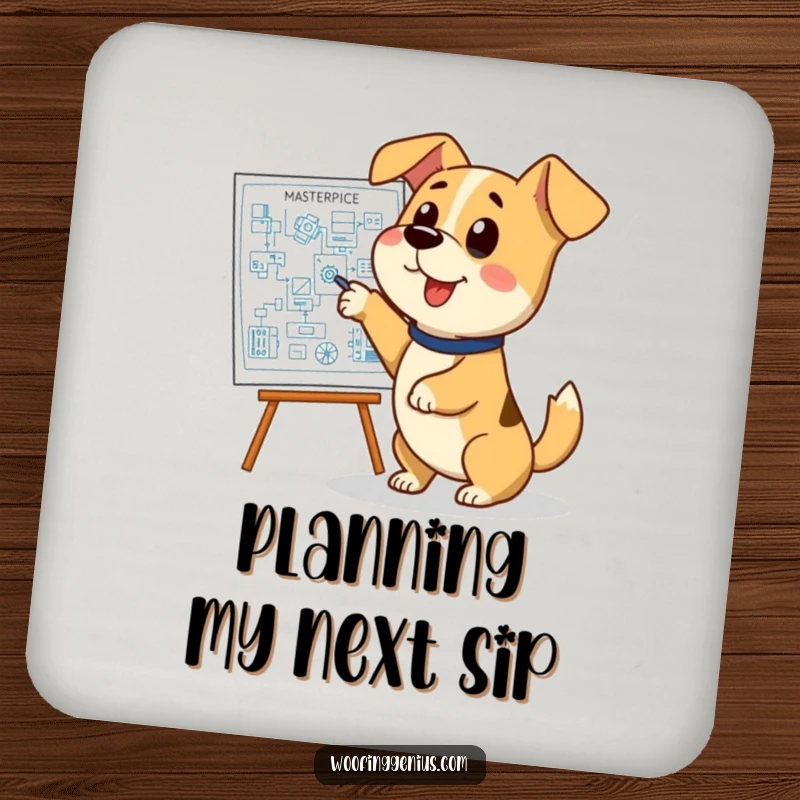 Funny dog blueprint coaster, a dog pointing at a complex blueprint, protecting surfaces with style.