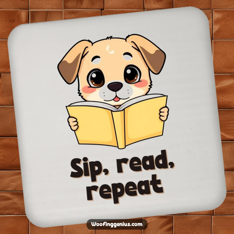 Funny coaster: a dog with wide, knowing eyes holding an open book, symbolizing intellectual insight and humor.