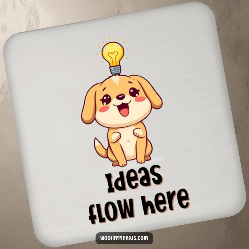 Funny dog coaster showcasing a dog with a lightbulb, symbolizing a bright idea.