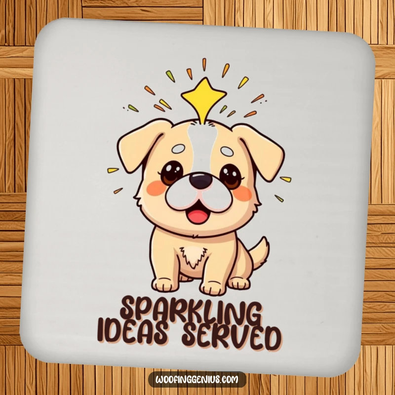 Funny drink coaster showing a dog having a Eureka moment with sparks radiating from its head.