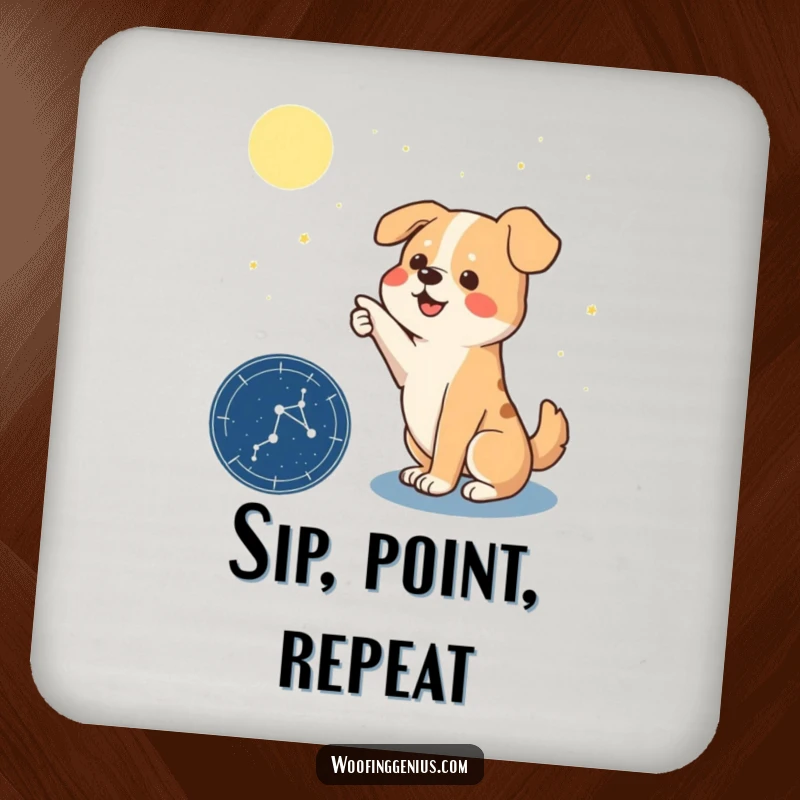 Funny drink coasters showing a dramatic dog pointing at a constellation on a star chart, adding celestial charm to tabletops.