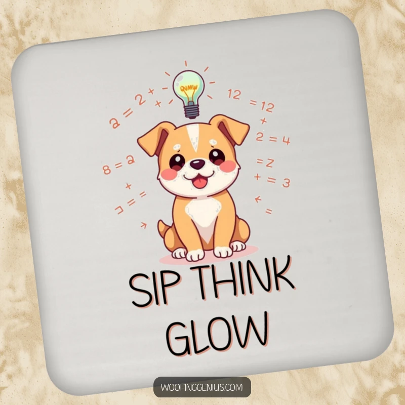 Funny dog coaster with a dog surrounded by floating equations, a glowing lightbulb above. Protects surfaces with humor.