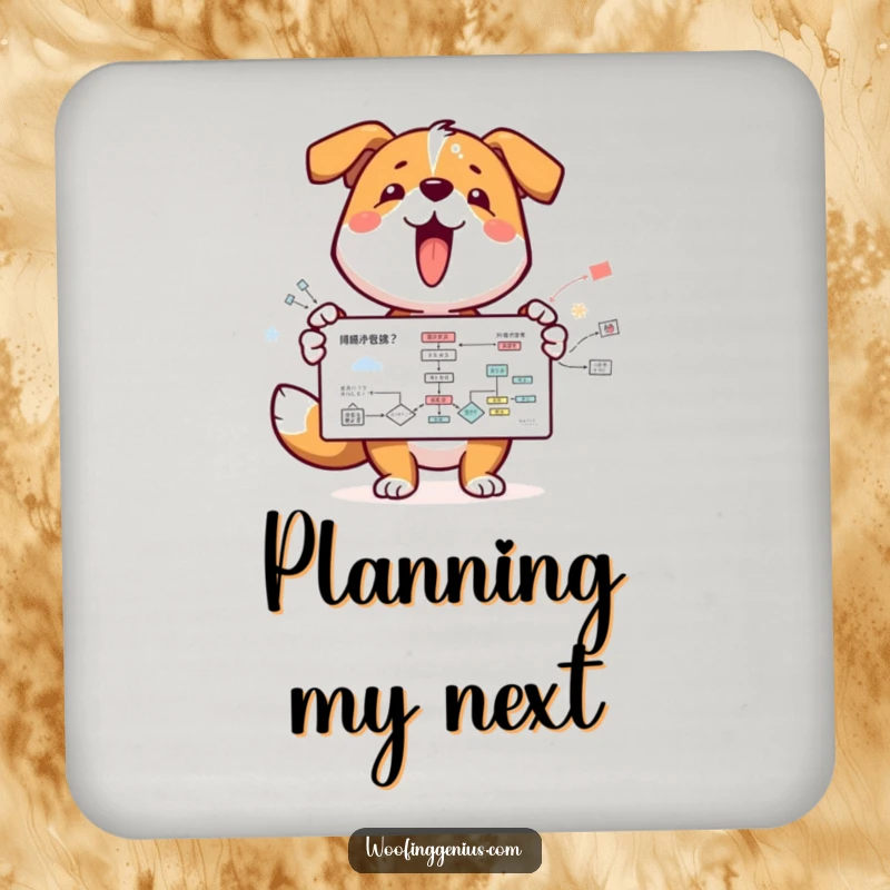 Funny dog character showing a flowchart on a drink coaster, protecting surfaces with style and humor.