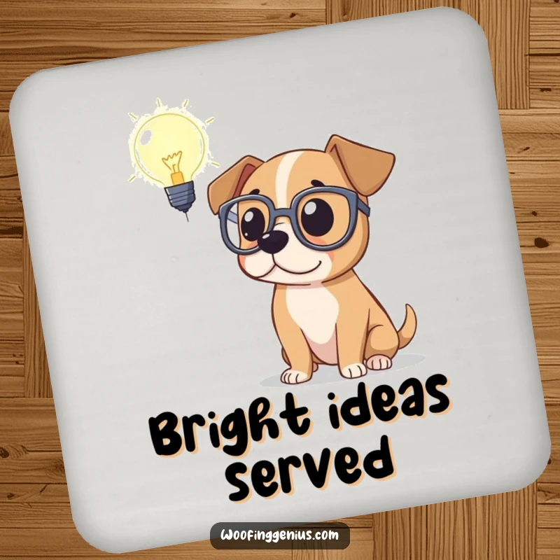 Funny coaster depicting a dog in spectacles hilariously contemplating a lightbulb, protecting surfaces with canine wit and humor.
