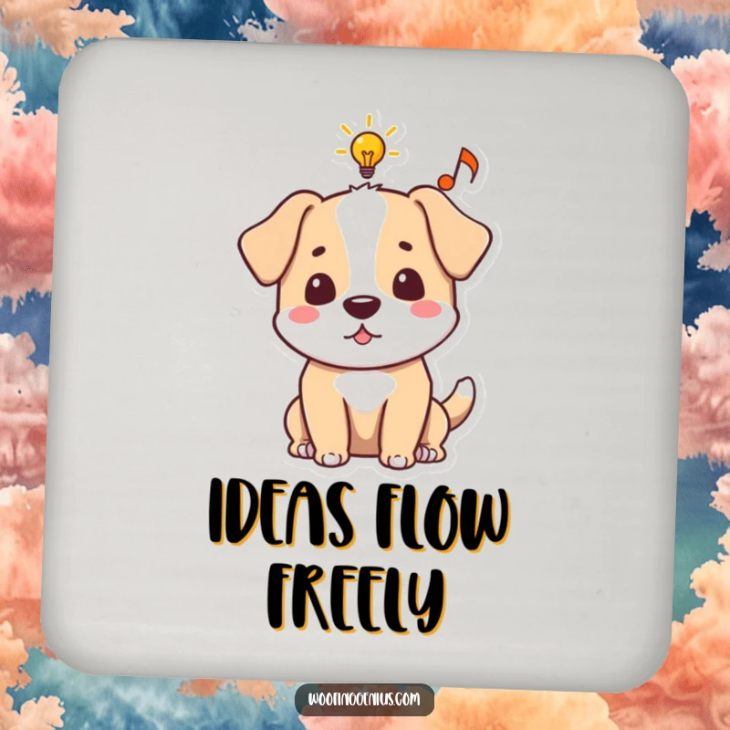Funny dog coaster with an idea bubble showing a lightbulb and musical note, symbolizing creative thought.