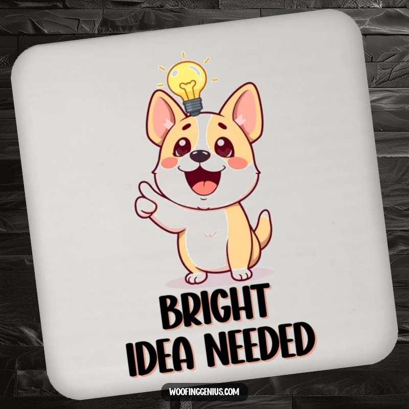 Funny Dog Coaster depicting a dog with a lightbulb, excitedly pointing, safeguarding drinks with clever style.