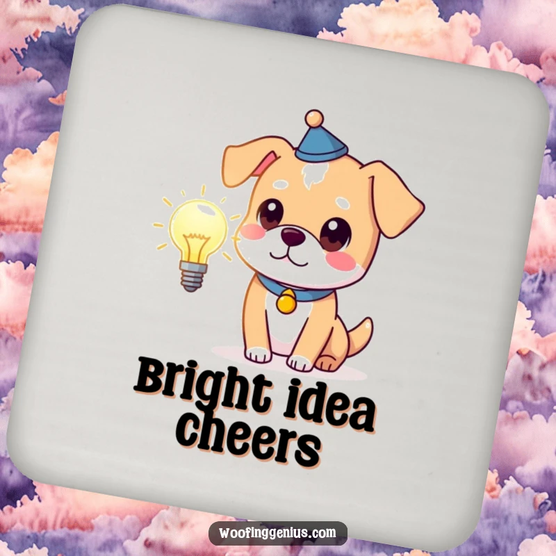 Funny clever dog wearing a thinking cap, holding a glowing lightbulb, set of coasters for drink protection and intelligent decor.