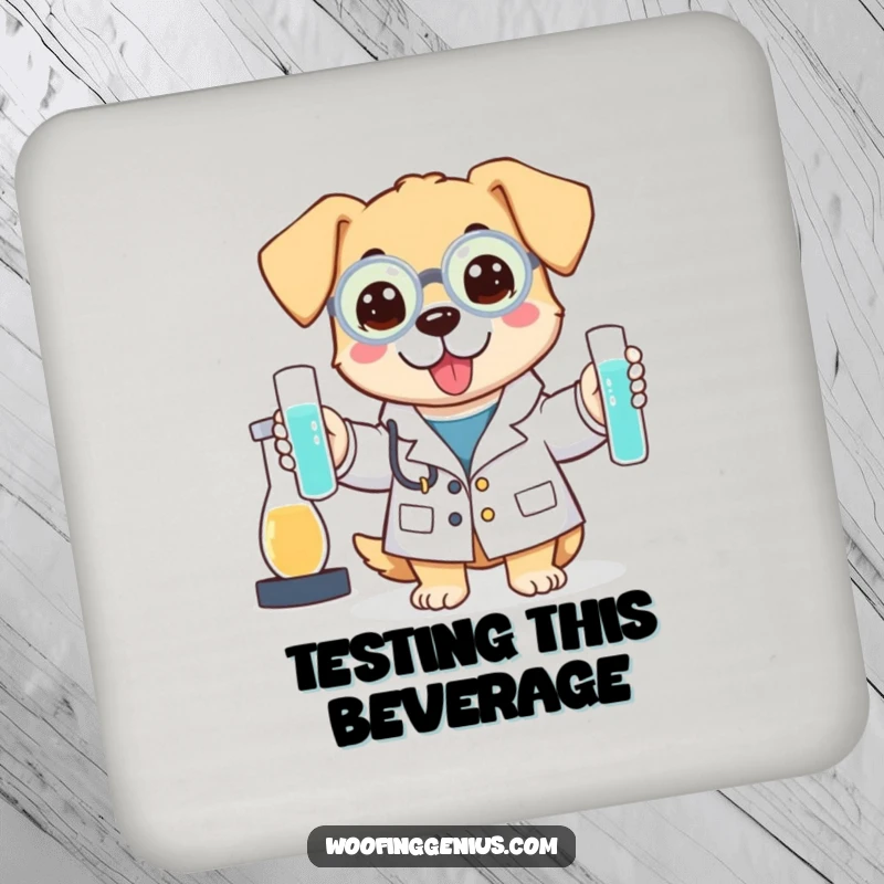 Funny drink coasters featuring a dog in a lab coat holding test tubes, protecting surfaces.