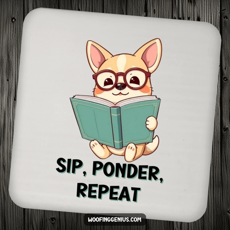 Funny dog wearing spectacles holding a huge ancient book, looking enlightened on a drink coaster, protecting surfaces.