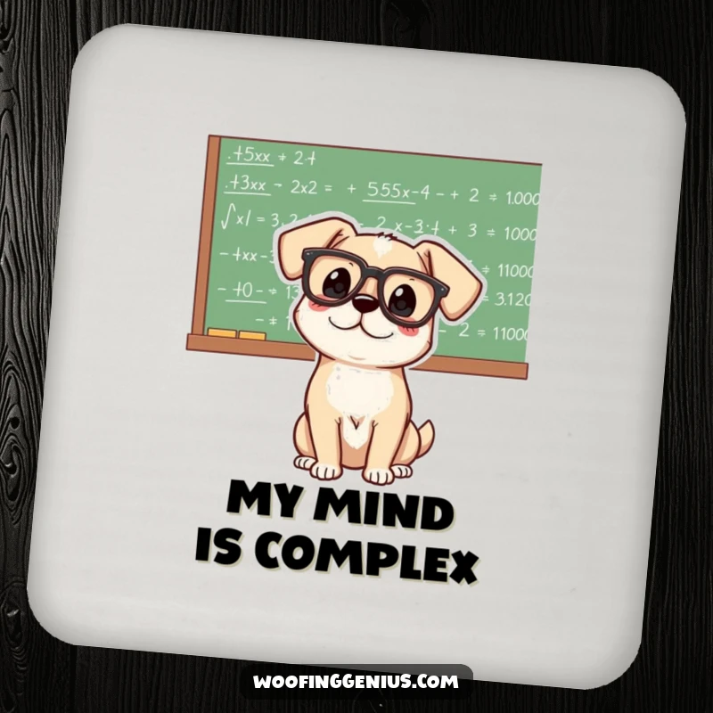 Funny genius dog in oversized glasses, contemplating equations on a chalkboard, a set of humorous and protective drink coasters.