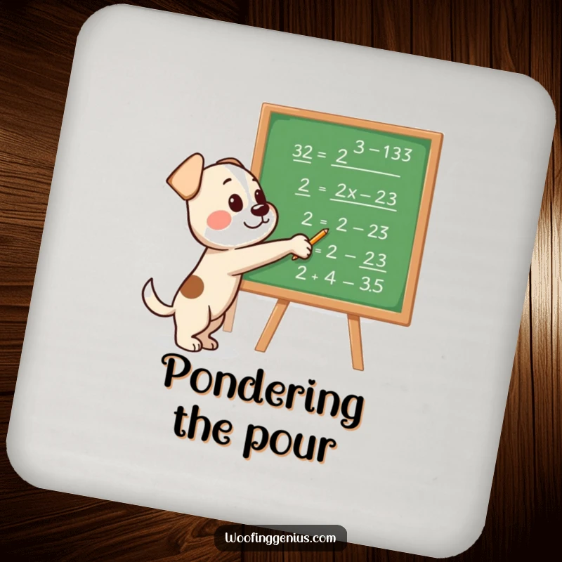 Funny drink coaster with a dog pointing at a blackboard covered in equations, symbolizing smarts and wit.