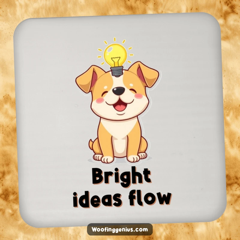 Funny drink coaster featuring a dog with a glowing lightbulb above its head, symbolizing innovative thinking and bright ideas.