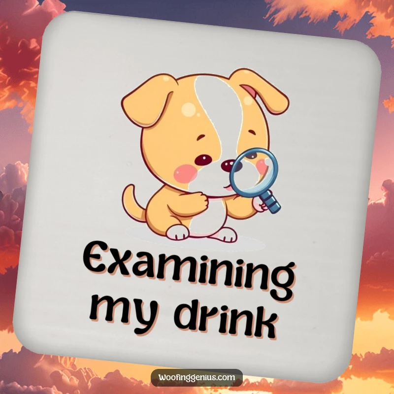 Funny drink coaster with a dog using a magnifying glass to inspect a tiny object, protecting surfaces from condensation.