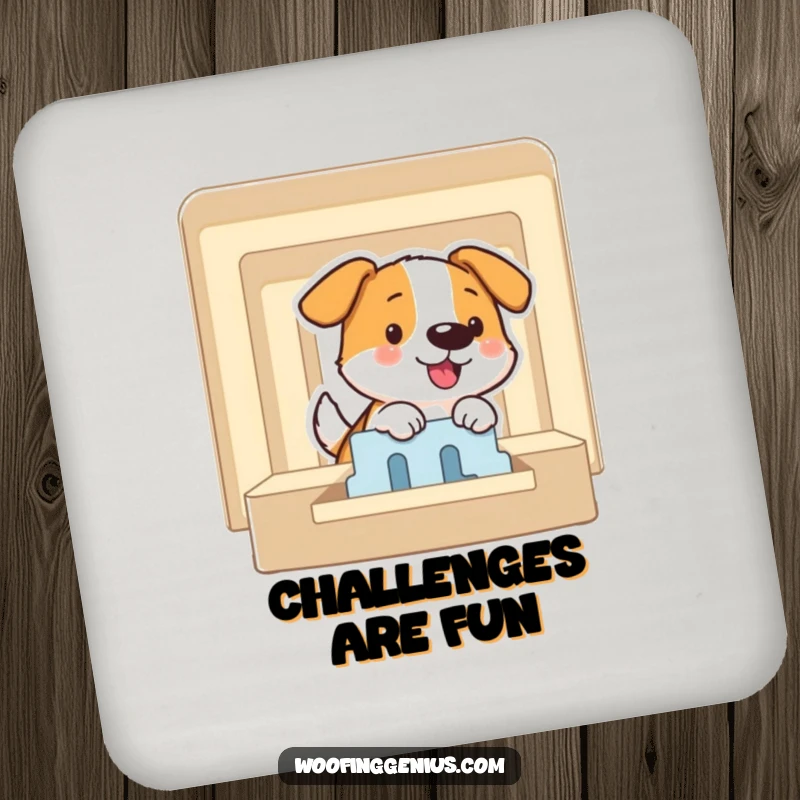 Funny drink coaster featuring a dog smiling while expertly solving a puzzle maze, symbolizing intelligence and strategic thinking.