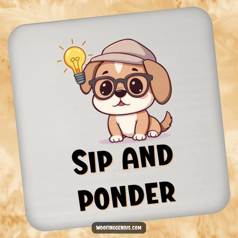 Funny drink coaster featuring a dog wearing glasses and a thinking cap, with a lightbulb above its head, symbolizing intelligence and ideas.