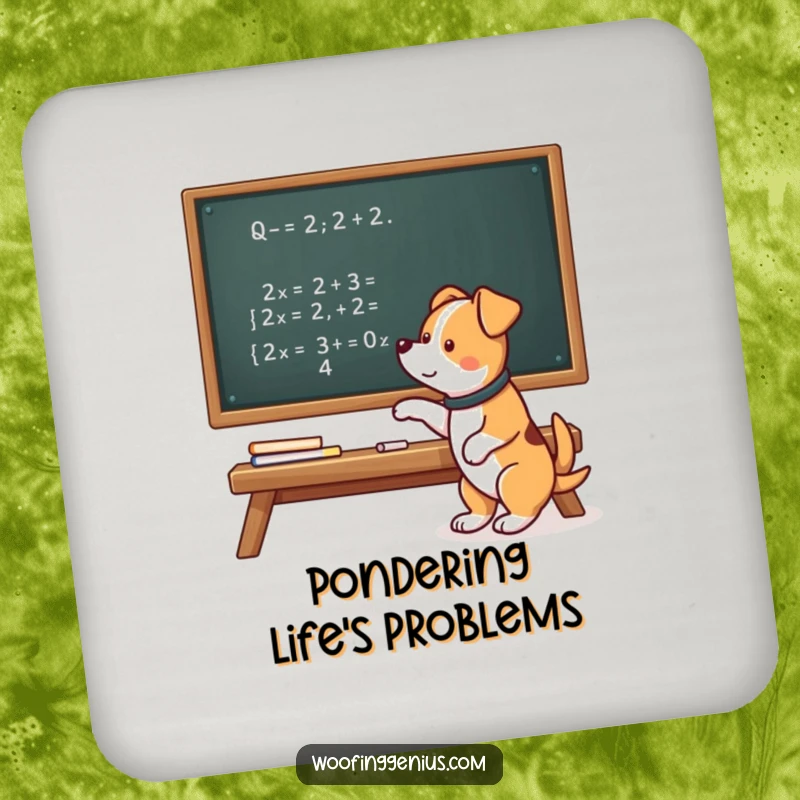 Funny drink coaster with a smart dog pointing at a complex mathematical equation on a chalkboard, protecting surfaces.
