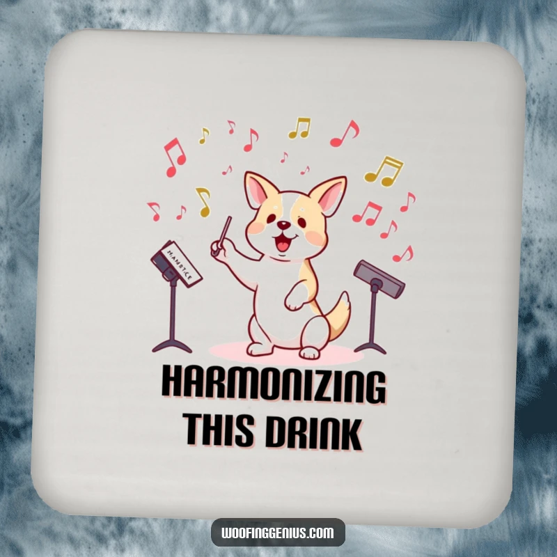Funny drink coasters featuring a dog conducting musical notes, protecting surfaces.