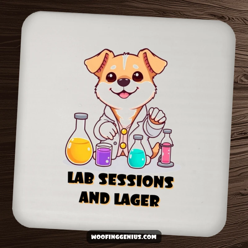 Funny dog coaster showcasing a dog in a lab coat mixing colorful liquids with a smile.