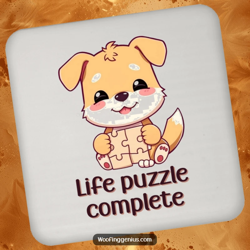 Funny dog coaster depicting a smirking dog with a wagging tail completing a jigsaw puzzle, protecting surfaces.