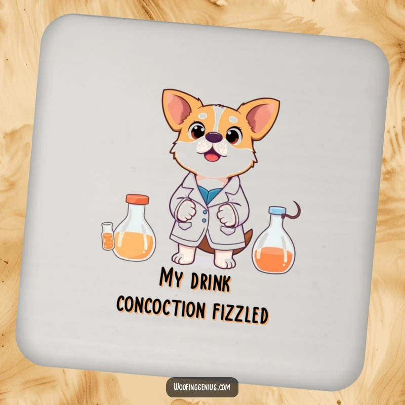 Funny Drink Coaster: A dog wearing a lab coat looks shocked by an experiment, symbolizing a humorous scientific mishap.