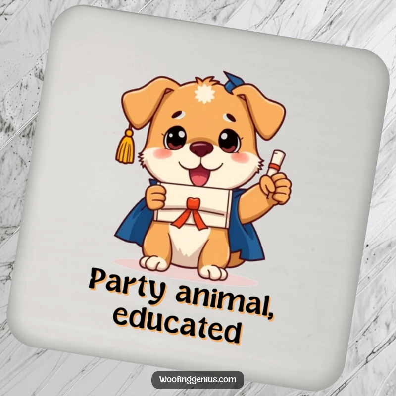 Funny dog graduation coaster featuring a triumphant dog with a cap and diploma, protecting surfaces with academic flair.