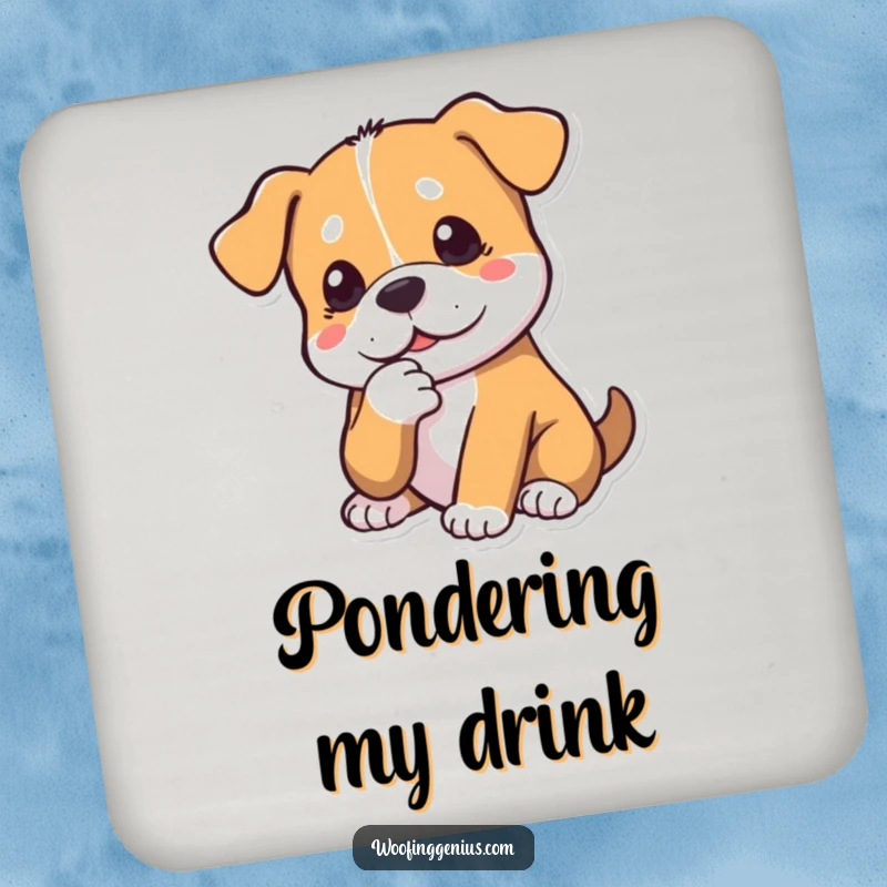 Funny dog coaster with a dog tapping its chin thoughtfully. Protects surfaces with humor.