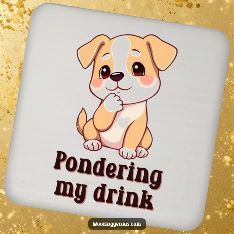 Funny drink coaster featuring a dog thoughtfully stroking its chin with a paw, symbolizing deep thought and intellectual reflection.