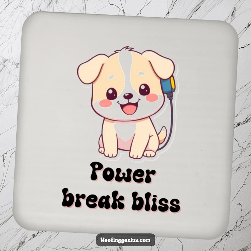 Funny Kawaii Dog Coaster: Adorable dog plugging a charger into its head, a cute and functional accessory to protect surfaces with humor.
