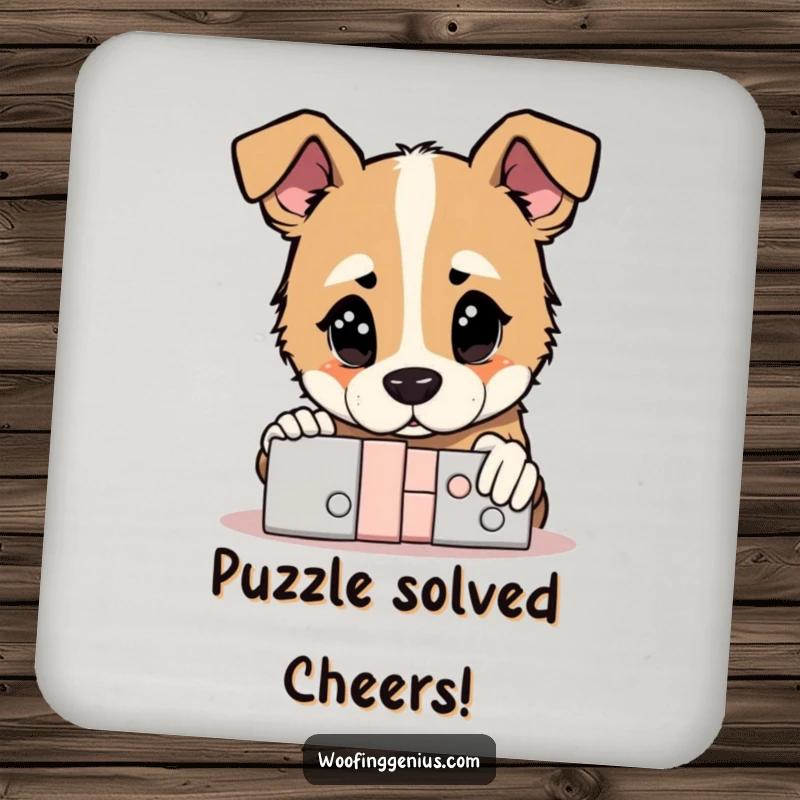 Funny Coaster: Dog gazing thoughtfully at a solved puzzle, protecting surfaces with humor and intellect.
