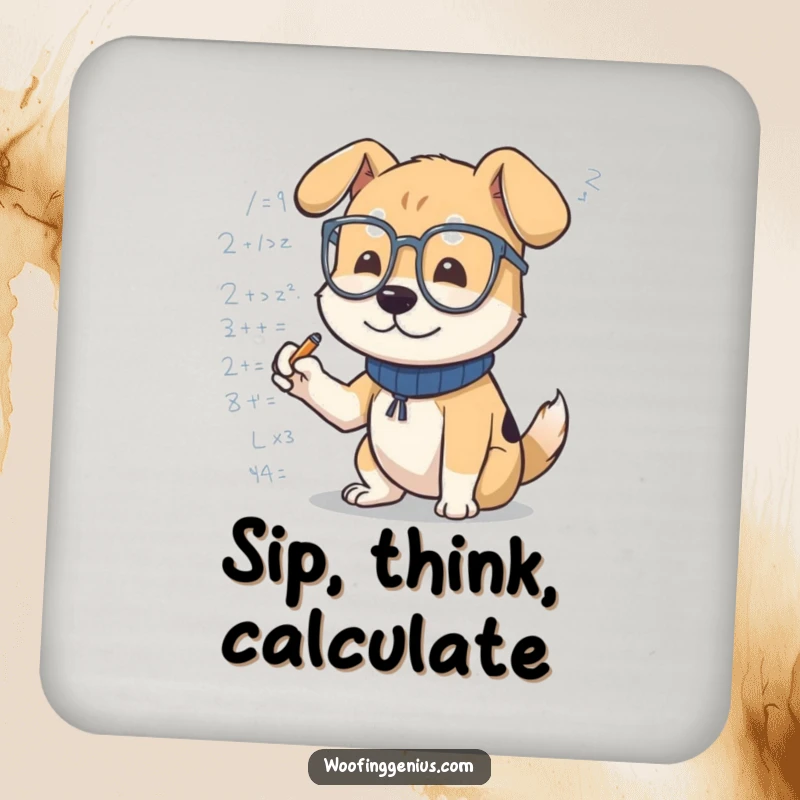 Funny dog coaster with a dog in spectacles busily scribbling mathematical formulas. Protects surfaces with humor.