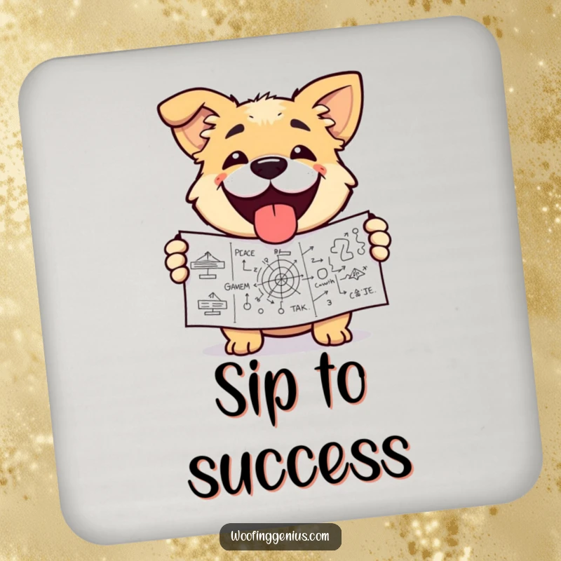 Funny dog coaster with a dog triumphantly holding a complex diagram, grinning. Protects surfaces with humor.