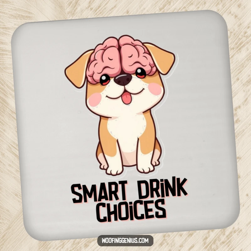 Funny drink coaster featuring a dog with a comically large brain shape peeking out from its head.