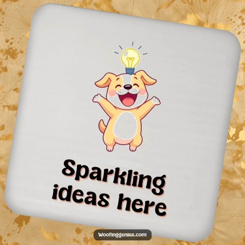 Funny drink coaster featuring an excited dog bouncing with a glowing lightbulb above its head.