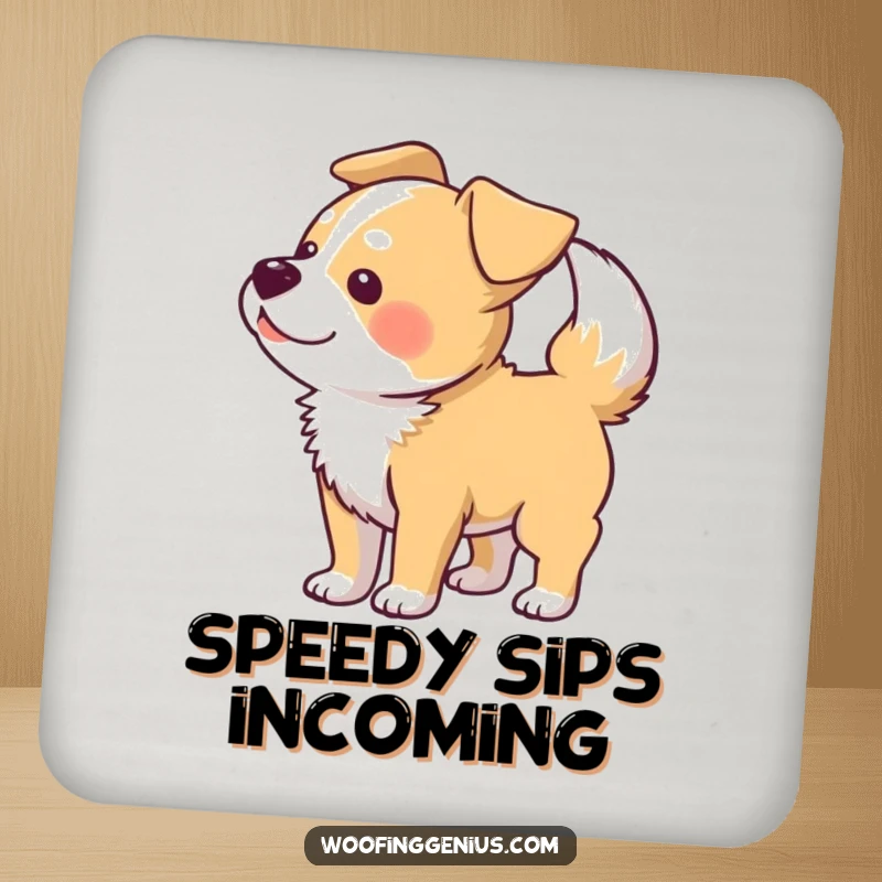 Funny drink coaster featuring a dog wagging its tail so hard that its body forms a blur pattern.