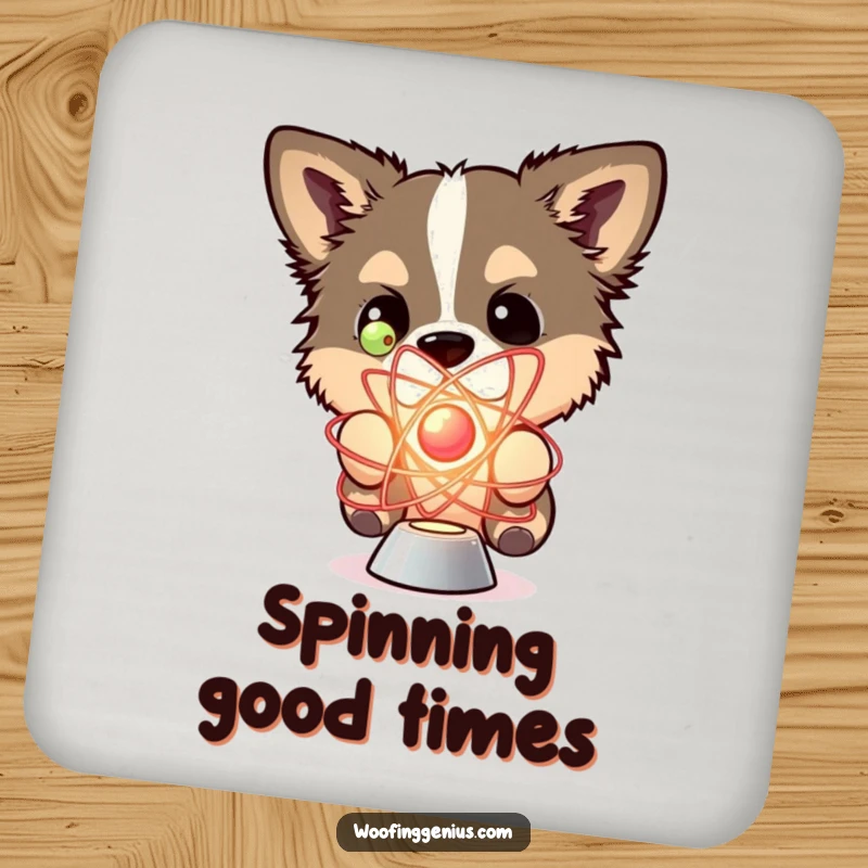 Funny drink coaster showing a dog curiously examining a spinning atom model.