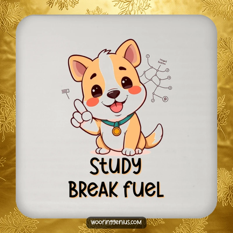 Funny dog pointing to a complex diagram on a drink coaster, protecting surfaces stylishly and humorously.