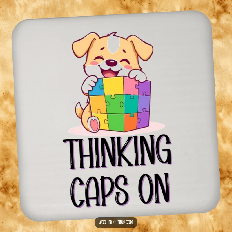 Funny drink coasters featuring a clever dog intensely solving a multi-colored puzzle cube, adding charm to any table setting.