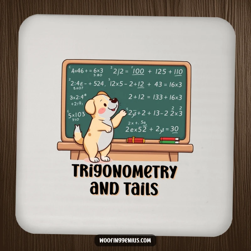 Funny dog coaster showcasing a dog pointing at complex mathematical equations on a chalkboard.
