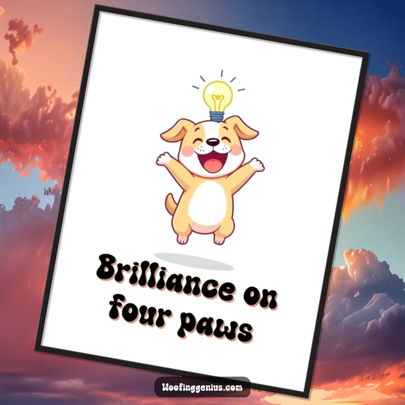 Funny art poster of an excited dog bouncing with a glowing lightbulb above its head.