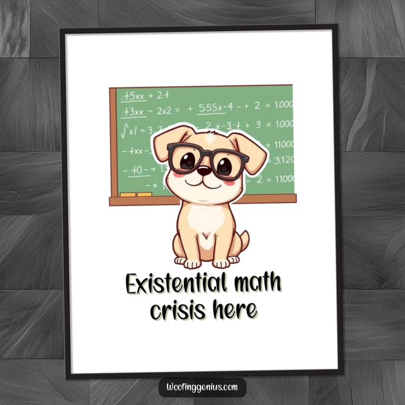 Funny genius dog scholar in glasses, gazing at a chalkboard brimming with intricate mathematical equations and scientific formulas.