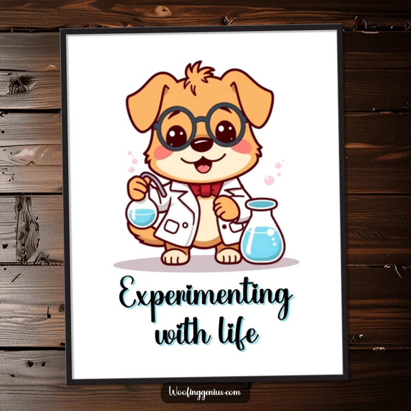 Funny dog character in a lab coat stirring a bubbling beaker, perfect for science-themed wall decor and humor.