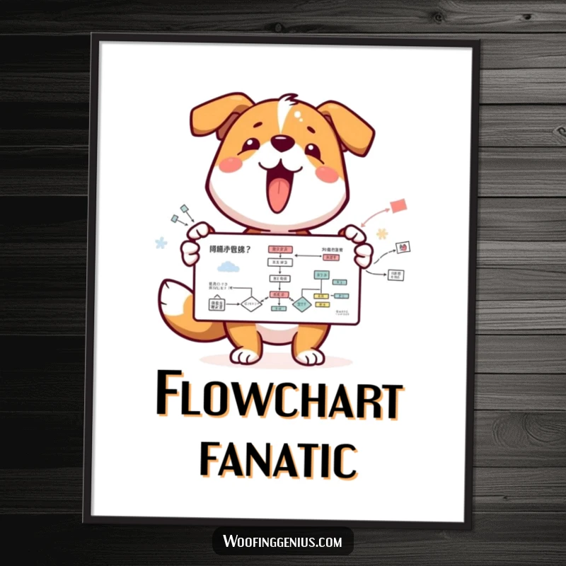 Funny dog character excitedly presenting a detailed flowchart, adding a touch of humor and intelligence to wall decor.