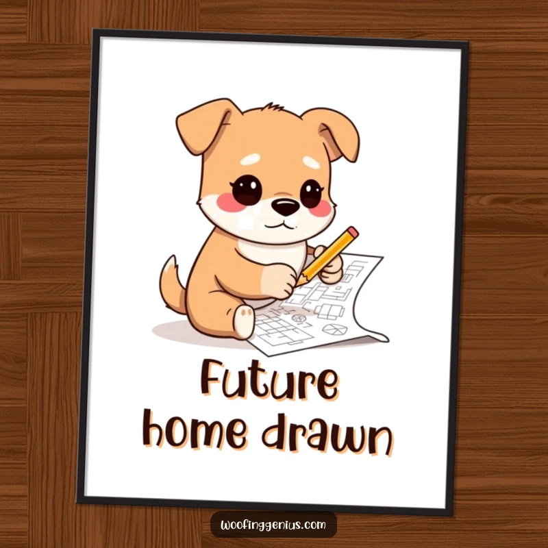 Funny poster art of a dog wearing glasses and sketching complex blueprints with a tiny pencil, symbolizing innovation, creativity, and meticulous planning.