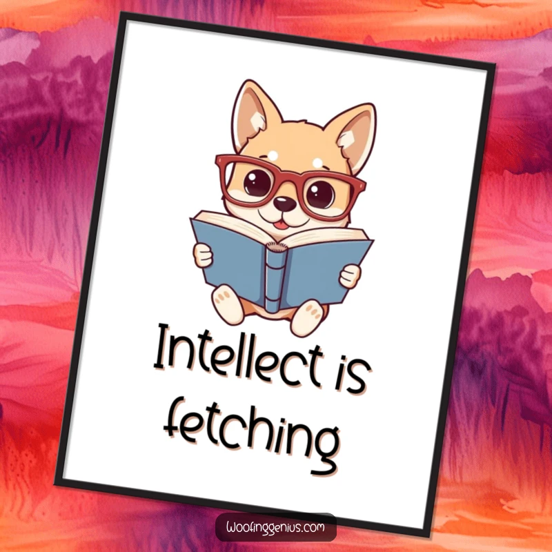 Funny poster artwork of an intelligent dog wearing oversized glasses, deeply focused on reading a thick book, inspiring intellectual pursuits.